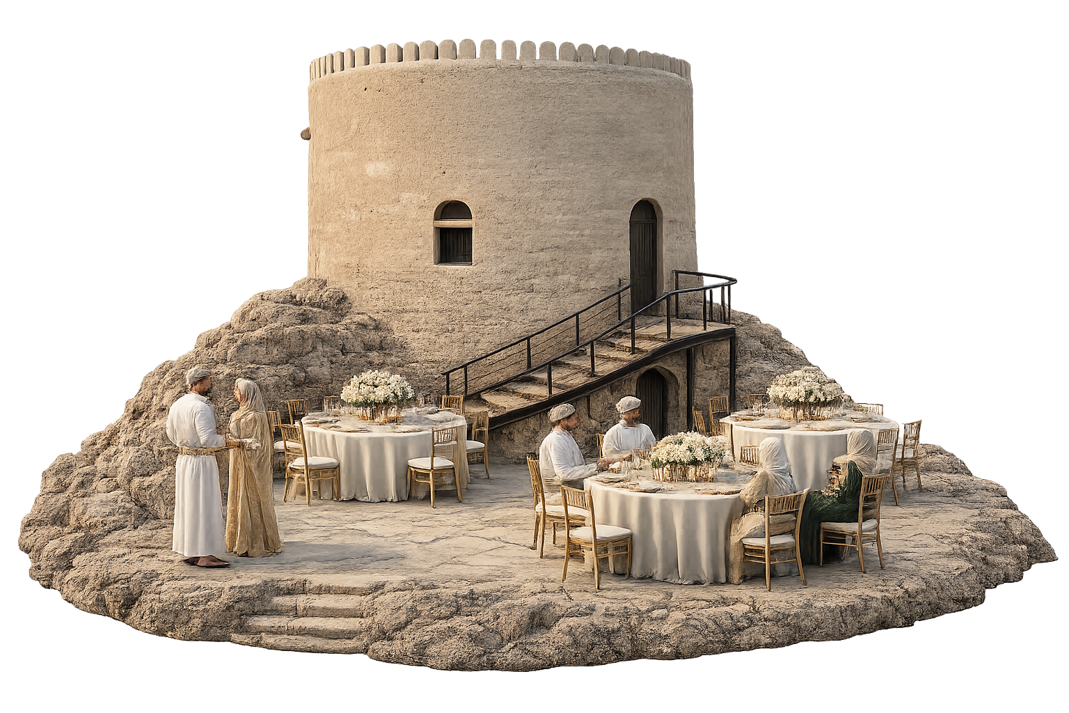 Elegant outdoor dining event set up beside a heritage fort tower
